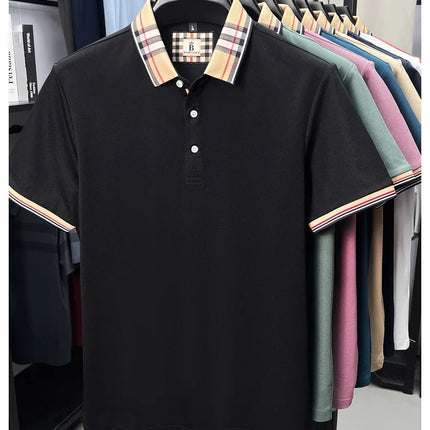 High-end silky cotton breathable short-sleeve polo shirt men's summer new trend plaid lapel designer brand casual golf T-shirt