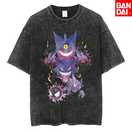Pokemon Gastly Haunter Gengar T Shirt Men 2026 Summer Vintage Acid Wash Oversized Tee Japanese Anime Streetwear Hip Hop Harajuku