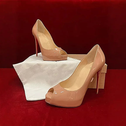 Peep Toe High Heels Women Thin Heel - Patent Leather Waterproof Platform / Talons Hauts Femme Bout Ouvert - Cuir Verni