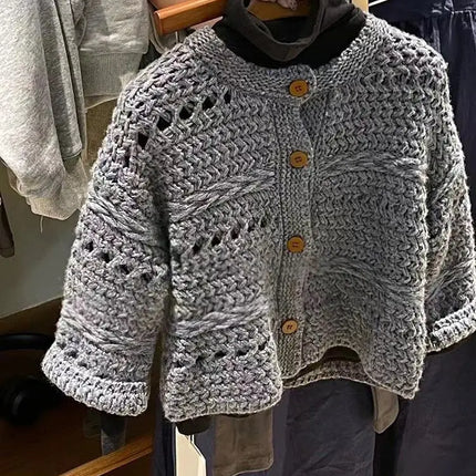 Girls' Autumn Winter Sweater 2025 New Korean Fashionable Children's Solid Color Long Sleeve Single-Breasted Knitted Hollow Out