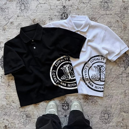 Y2K Polo Shirt Print Rock Goth Oversized T-shirt Hip Hop Button-down Collar Shirt Punk Casual Tee Minimalist and Fashionable