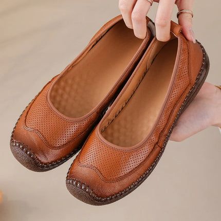 New Real Leather Perforated Ballet Flats Women's Massage Insole Slip On Moccasins Woman Hollow Loafer Casual Daily Shopping Shoe
