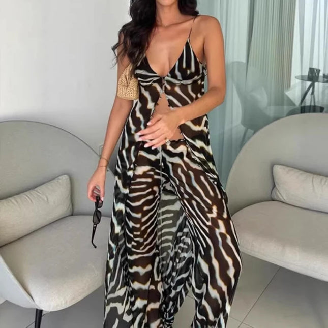 Sexy V-neck Camisole Top and Long Pants  Beach Outfit Chiffon Loose Casual Suits Stripe Printed Vacation Women's Two Piece Set