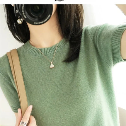 Summer New Women's Knitted Short Sleeve T-shirt Thin Wool Cashmere Short Sleeve Loose Fit Round Neck Top Outerwear Straight Cut