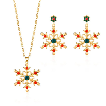 Luxury Zinc Alloy Christmas Jewelry Set Colorful Rhinestone Xmas Dangle Earrings Pendant Snowflake Necklace Women
