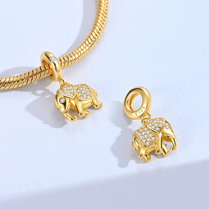 Original 925 Sterling Silver Charms Bead Gold Elephant Pendant Fit Original Bracelet Necklace For Women DIY Jewelry Gift
