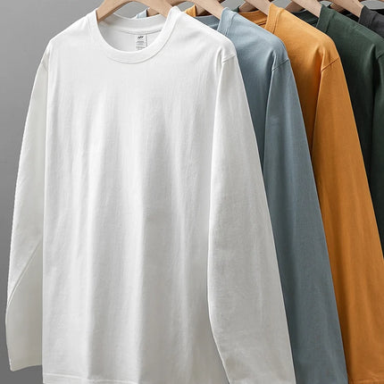 DUKEEN Men's 260G Long Sleeve T Shirts 2025 Spring Pure Cotton Solid Color Basic Crew-Neck Undershirt Men's Loose Tops 11 Color
