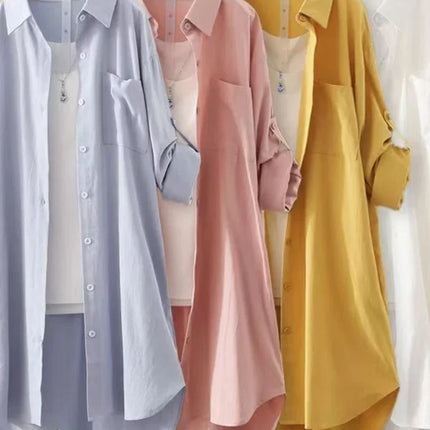 Plus Size Loose Breathable Blouses Midi Shirt Korean Casual Autumn Shirts Women Simple Solid Female Long Sleeved Shirts