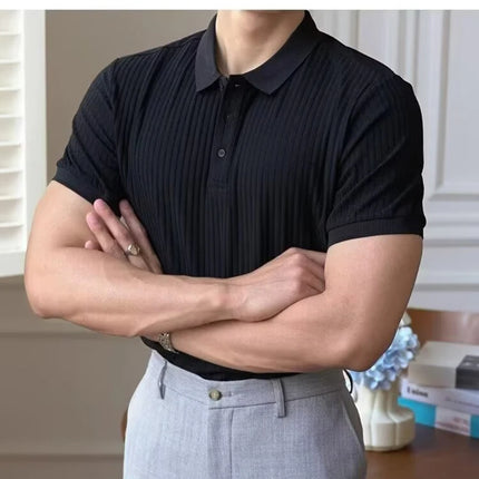 Vertical Stripe Knit Polo Men's Shirts Summer New Slim Solid Color Breathable Turn-Down Collar Business Short Sleeve Polo Tops
