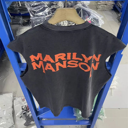 Summer Rock Manson Pattern Print Vintage American High Street Casual Loose Cotton Washed Tank Top Trendy Hip Hop Men Vest