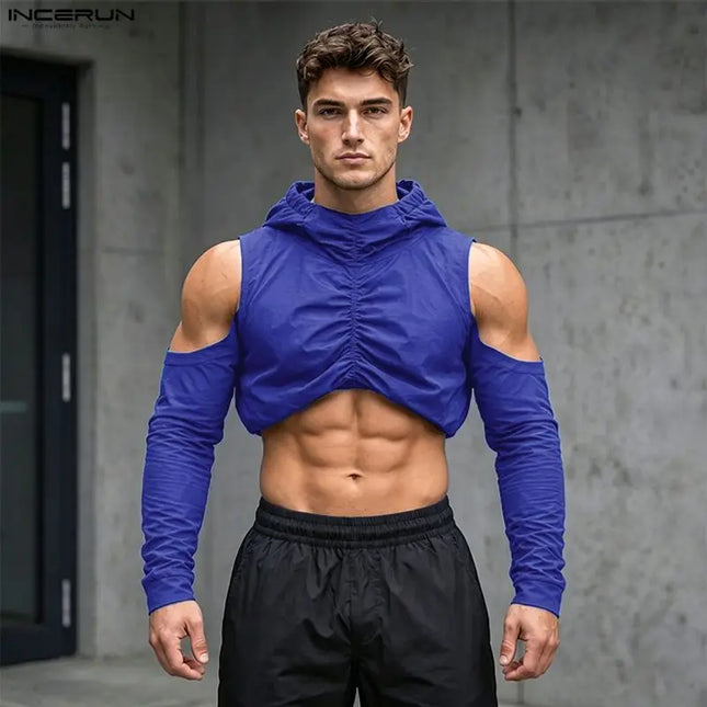INCERUN Men's T Shirt Solid Color Pleated Off Shoulder Long Sleeve Hooded Men Clothes Streetwear Loose 2026 Crop Tops For Man