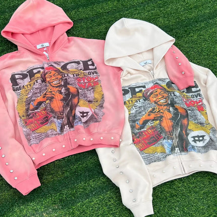 2026 new American street style casual fashion zipper hooded sweater printed pattern Pearl stereo pattern decoration unisex.