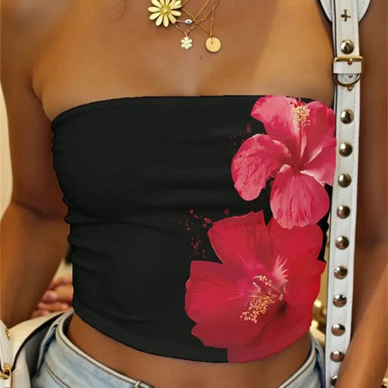 Women's Floral Printed Tube Top Summer Sexy Off the Shoulder Crop Top Streetwear