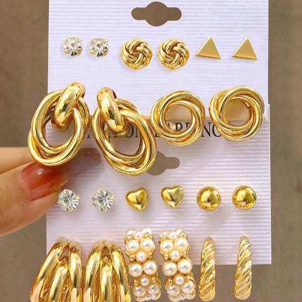 10-24 Pieces Fashionable and Elegant Retro Style Imitation Pearl Flowers Butterfly Love Geometric Round Asymmetric Exaggerated Metal Earrings Set Suitable for Women's Holiday Party Date Daily Wear Halloween Christmas Valentine's Day
