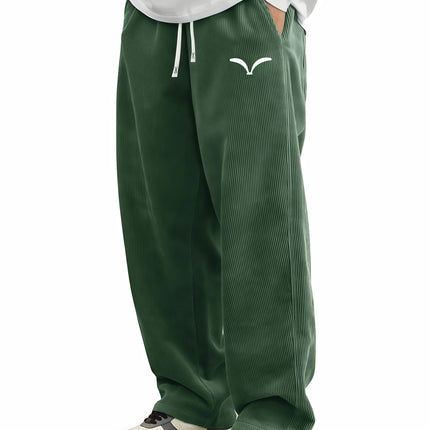 Comfort Mens Corduroy Wide Leg Trousers Wing Symbol Print Drawstring Waist Lightweight Casual Pants Double Side Pockets