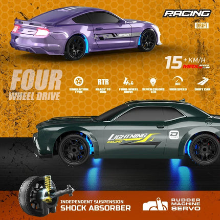 1/43 RC Car 4x4 2.4G Remote Control Racing Drift Vehicle 15km/h High Speed Off-road RTR with 7 Color LED Lights Toys Kids Gift