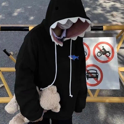 Aesthetic Long Sleeve Fleece Shark Hoodies Pullover Top Coat Hooded Sweatshirts Casual Loose Shark Hat Sweater Couple Clothes