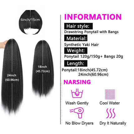 Yaki Straight Clip-In Ponytail Extension with Bangs for - Heat-Resistant Synthetic Hairpiece, Looking Drawstring Ponytails