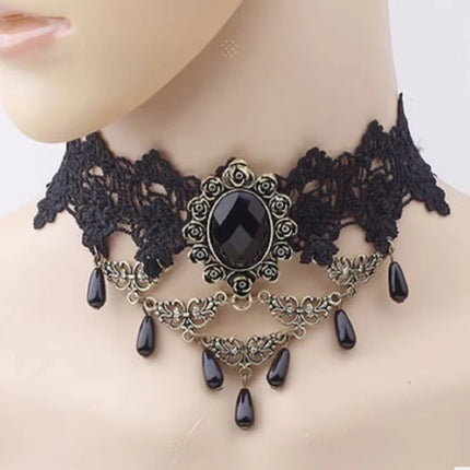 Gothic Victorian Black Lace Necklace Women Girl Boho Crystal Tassel Sexy Lace Choker Dark Loli Style Holiday Party Girl Jewelry
