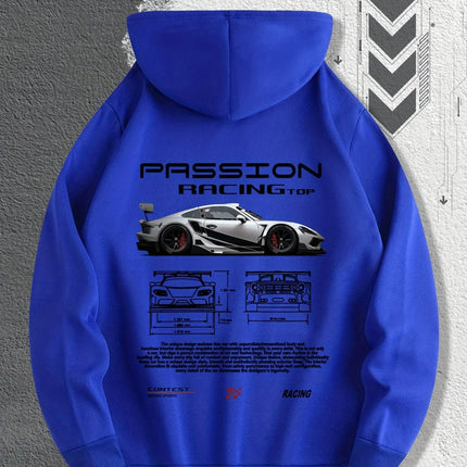 Men'S Passionate Racing Graphic Hoodie Featuring Race Cars and Sports Car Illustrations, Perfect for Everyday Wear