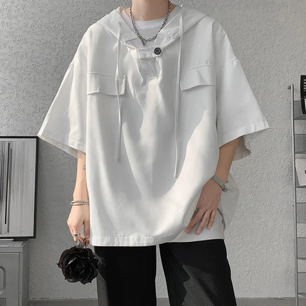 2026 Summer Men Hooded Shirt Korean Half Sleeve Pullover Streetwear Hip Hop Loose Shirt Tops Drawstring Men Clothing M-5XL