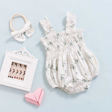 Infant Baby Girl's Sleeveless Jumpsuit Floral Print Elastic Bust Shoulder Straps Romper Bow Headband