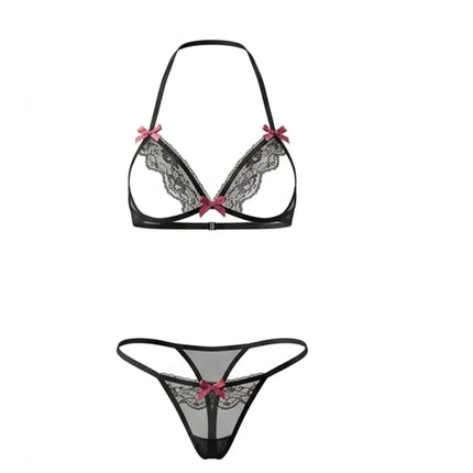 2pcs T-pant Lace Ruffle Lingerie Set bikini open cup bra sexy Crotchless underwear Halter lingerie erotic Halter Neck Bra