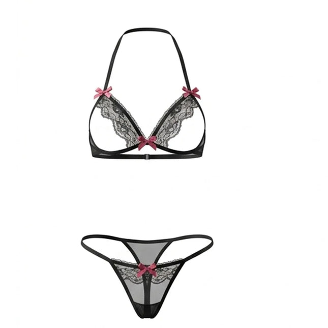2pcs T-pant Lace Ruffle Lingerie Set bikini open cup bra sexy Crotchless underwear Halter lingerie erotic Halter Neck Bra