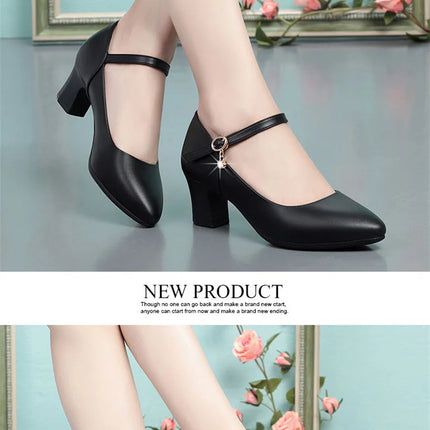 Women Fashion Sweet Red Comfort Buckle Strap Square Heel Pumps Lady Casual Black Pu Leather Office High Heel Shoes Spring Autumn