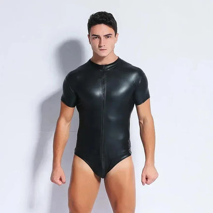 Black Long Sleeve Shiny PU Leather Bodysuit Zipper Hot Shapers Men Body Tops Shirts Gothic Tights Clubwear Tshirt Leotard