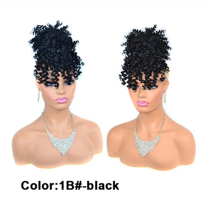 African American Synthetic Afro Puff Drawstring Ponytail Extension with Bangs Heat Resistant Soft Natural Look for Women Daily