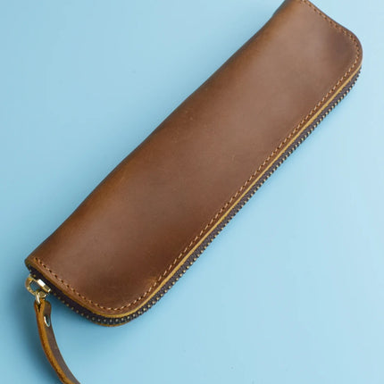 Nature Cowhide Pencil Case Zipper Pen Holder Organizer Protection Bag Handmade Genuine Leather Pencilcase Office School Supplies