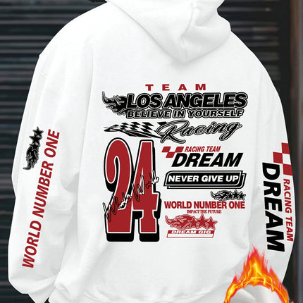 Los Angeles Racing "Never Give Up" Print Men Women Hooded Sweatshirt Autumn Winter Daily Outdoor Fitness Casual Loose Sportswear
