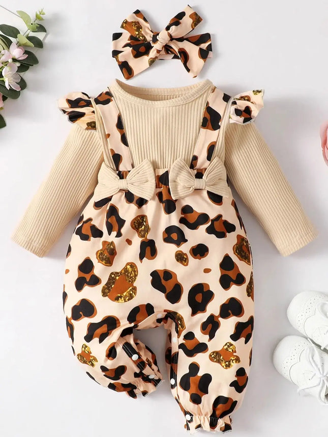 Baby Girl Leopard Print Ruffle Trim Bow Front Jumpsuit & Headband