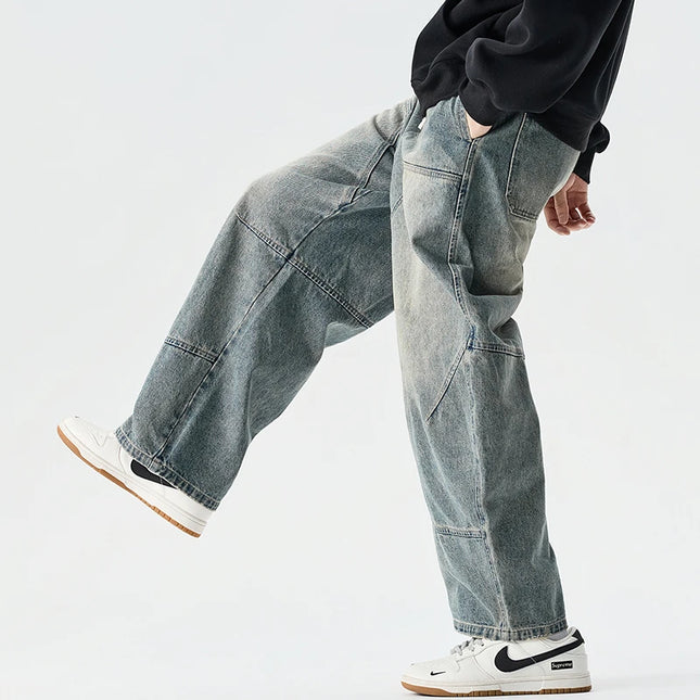 High Waist Casual Jeans Men New Arrival 2026 Spring Vintage Style Streetwear Solid Color Washed Male Denim Wide Leg Pants N049