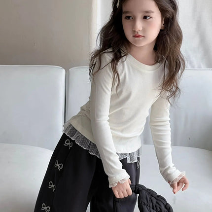 Girls Lace T-shirt 2024 Autumn New Slim Fit Girl Top Children Stylish Versatile High Elasticity Knitted Sweater
