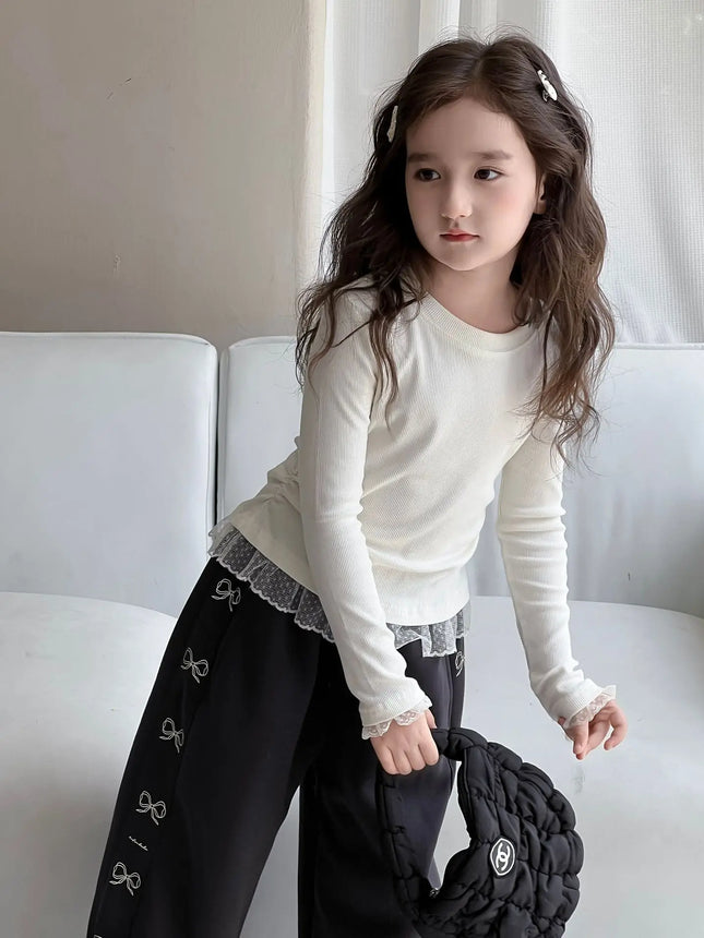 Girls Lace T-shirt 2024 Autumn New Slim Fit Girl Top Children Stylish Versatile High Elasticity Knitted Sweater