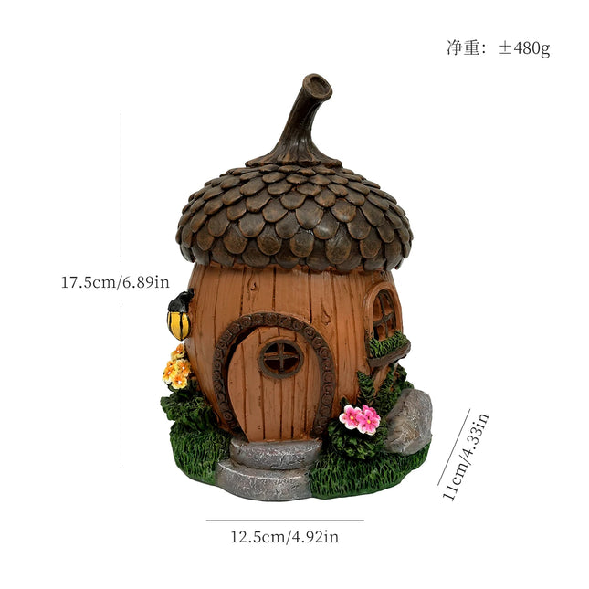 Solar Powered Acorn Fairy House Statue with LED Light - Outdoor Resin Nut Cottage Figurine Auto Glow for Garden Patio Decor
