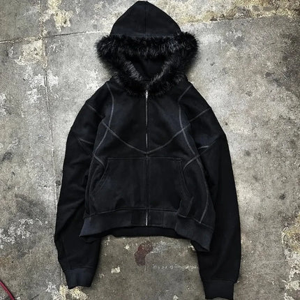 Dark Gothic Solid Color Plush Hat Collar High Street Hip Hop Long Sleeve Hoodies 2000s Autumn Winter Warm Windproof Loose Coat