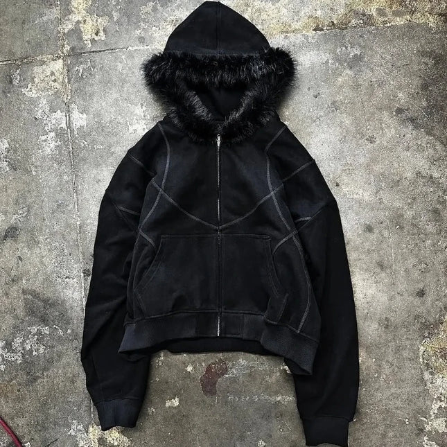 Dark Gothic Solid Color Plush Hat Collar High Street Hip Hop Long Sleeve Hoodies 2000s Autumn Winter Warm Windproof Loose Coat