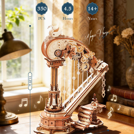 ROKR Magic Harp Music Box Wooden 3D Puzzle 350-Piece DIY Mechanical Model Building Kit for Home Desk Bookshelf Decor Gift for Adults Kids