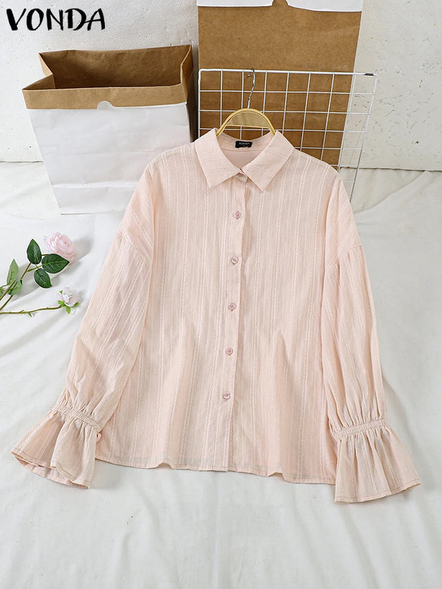 Plus Size 5XL VONDA Women Shirts 2024 Casual Solid Color Long Sleeve Blouse Cotton Linen Tunic Casual Loose Lapel Collar  Tops