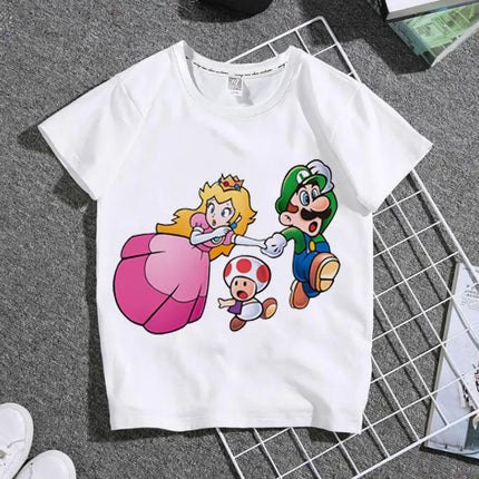 The New 2026 Super Mario Mary Cartoon Parent-child Outfit Male and Female Students Summer White T-shirt with Short Sleeves