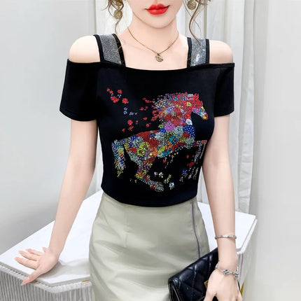 New Summer European Clothes Women's T-Shirts Luxury Butterfly Hot Diamonds Tees Sexy Streetwear Off-Shoulder Tops Shirt