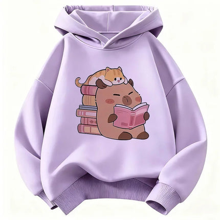 Cute Cat with Capybara Reading Book Hoodies Children's Sweatshirt Hoody for Boys Girls Spring  Casual Hoodie