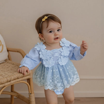 0-24M Infant Baby Girls Princess Romper Dress Cute Autumn 3D Lace Flowers Mesh Patchwork Long Sleeve A-Line Dress for Toddler