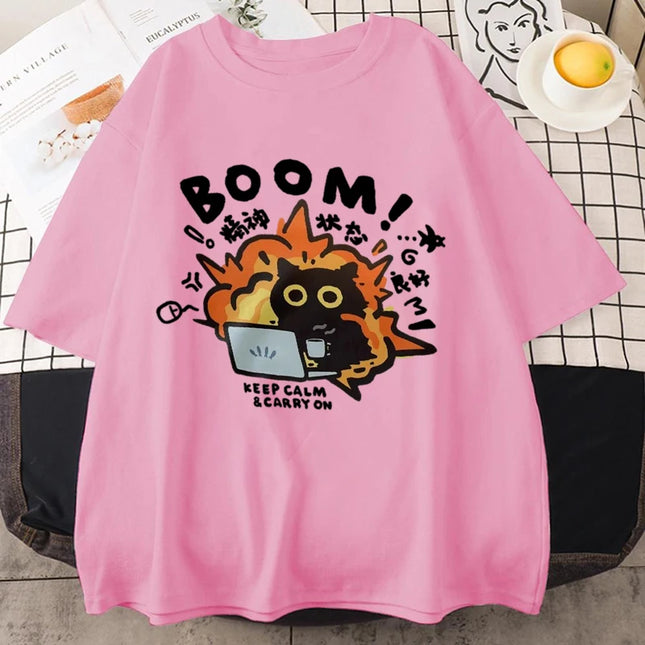 New Kawaii Good Mental State Pure Short Sleeved T-shirt for Men Women Tee Clothes Loose Casual Y2K Cartoon Oversized Tops