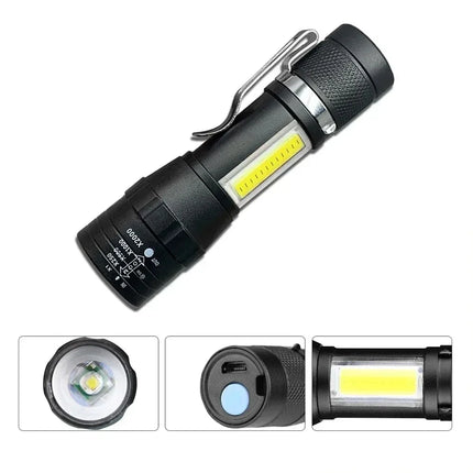 Powerful Mini LED COB Flashlight USB Rechargeable Zoomable Torch with Pen Clip Outdoor Camping Emergency Portable Flashlight