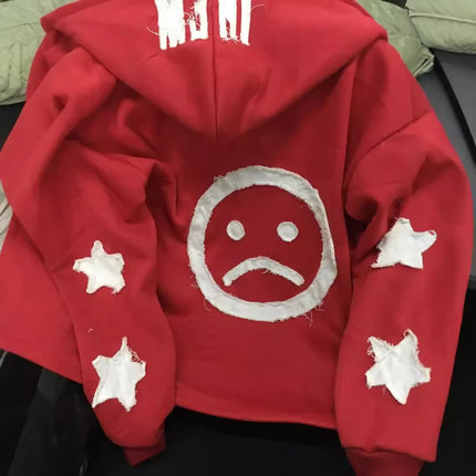 star pattern patchwork sweater letters long-sleeved pullover hoodie loose and fashionable trendy original street style vintage