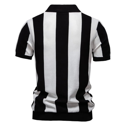 New Summer Lapel Short Sleeve Knitted Polo Shirt, European Size Men's Striped Polo, Trendy Men's Short Sleeve Top